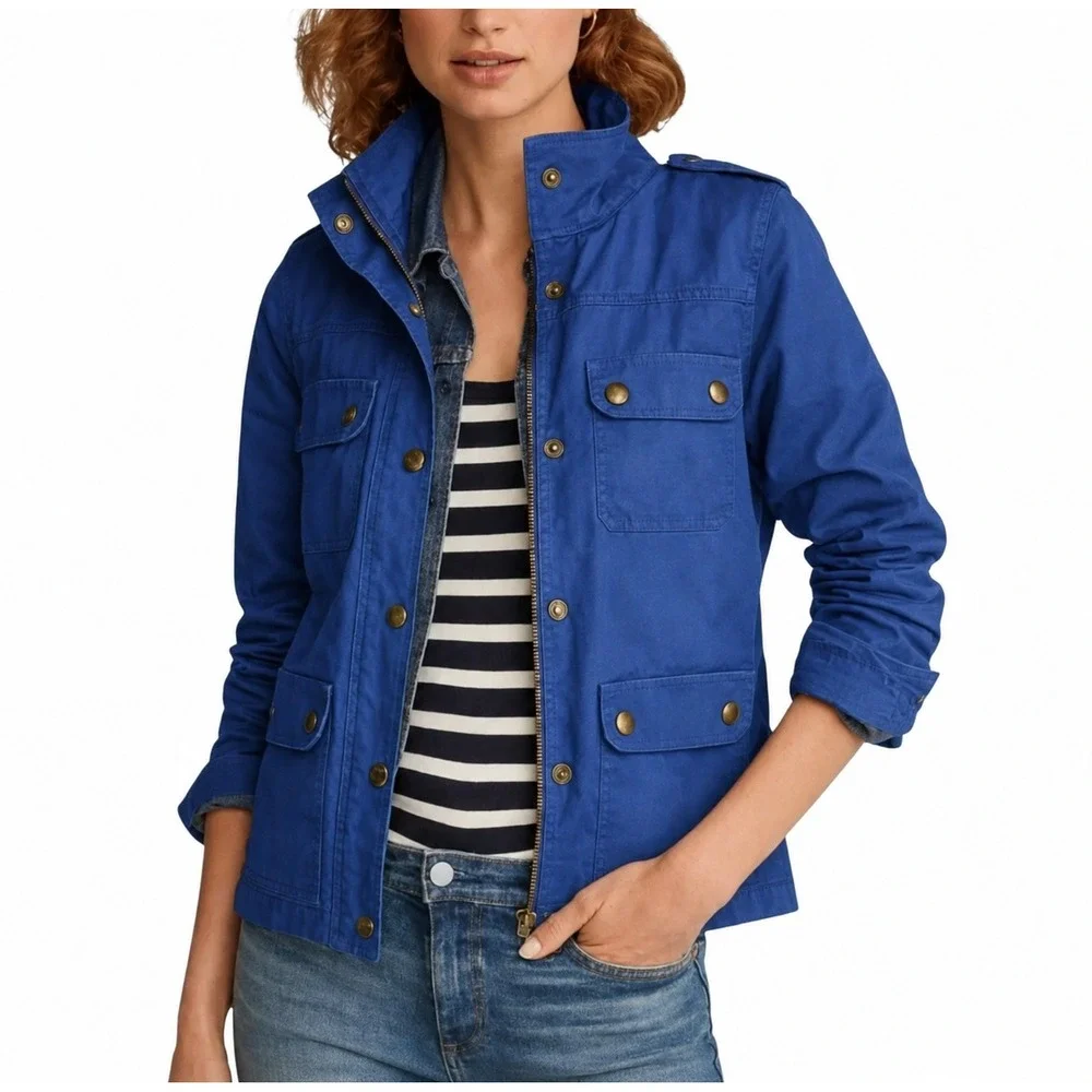 J Crew Downtown Field Jacket Blue Waxed Cotton Blue Stand Collar Military XS